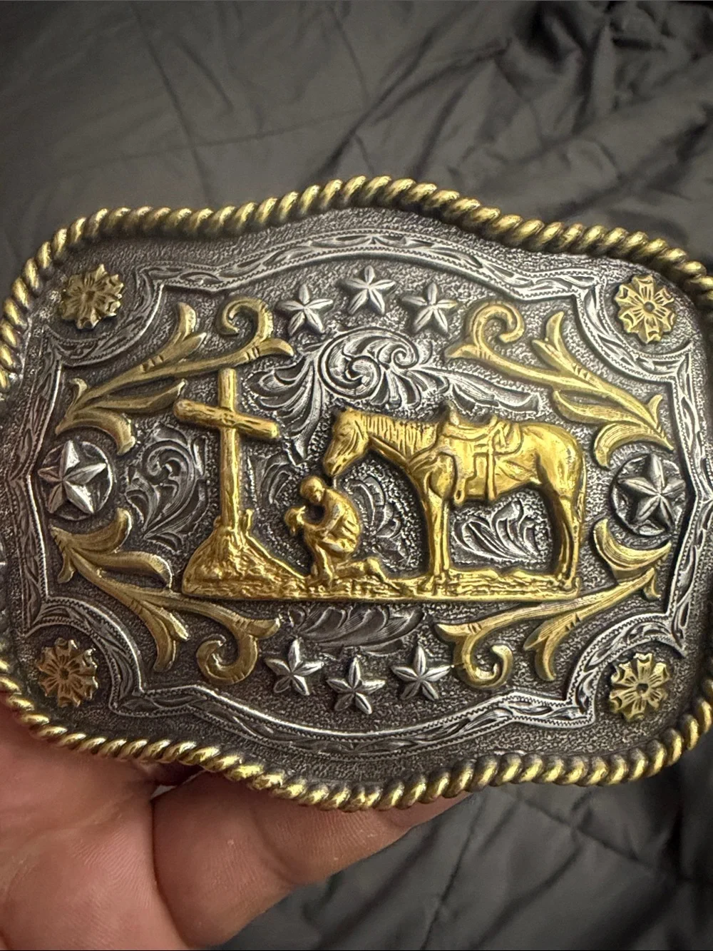 Two-Tone Western Horse & Cross Decorative Belt Buckle - Gold and Silver